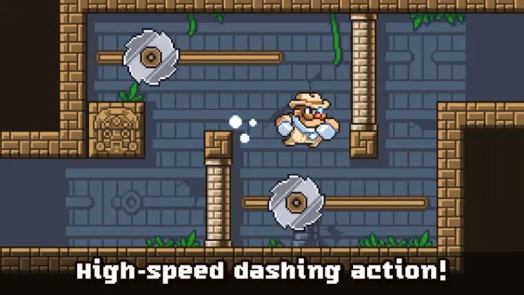 Duke Dashington sospeso a mezz'aria dopo uno scatto orizzontale dentro una tomba di pietra, tra due lame circolari rotanti montate su bracci di legno.