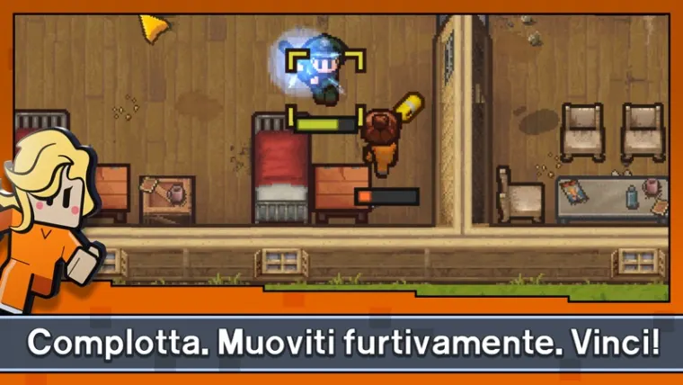 Schermata di Escapists 2 vista dall'alto: un detenuto illuminato di blu fruga in un comodino della cella mentre un secondo detenuto passa accanto, con la scritta italiana Complotta, muoviti furtivamente, vinci.
