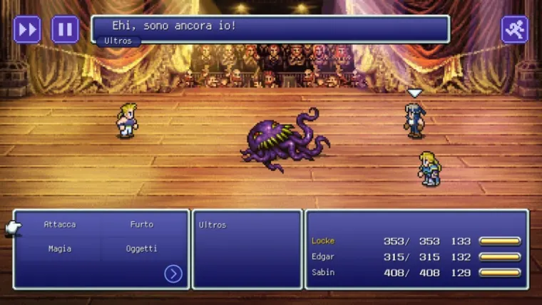 Fermo immagine del Pixel Remaster di FINAL FANTASY VI con dialogo e menu di combattimento in italiano.